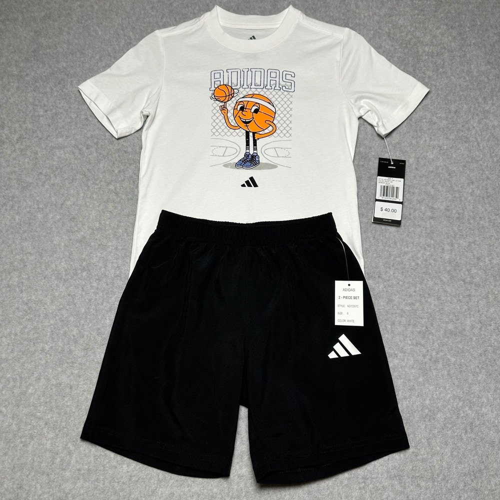 Adidas Boys 2 Piece Set White basketball T-Shirt Black Shorts Sz 6 AG10357C NEW